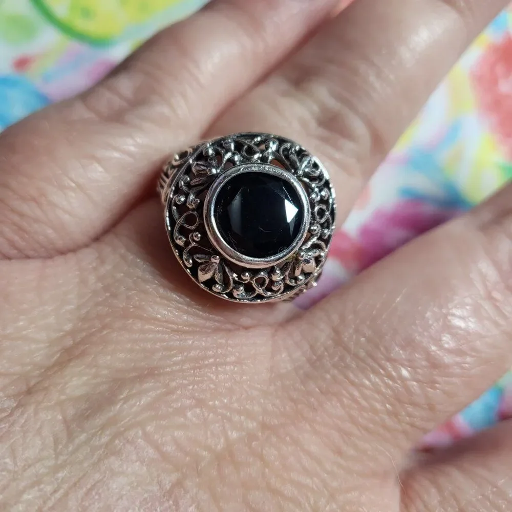 Vintage Black Onyx Filigree Sterling Silver Ring